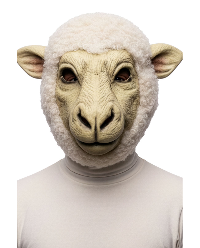 Masque de mouton en plastique avec fourroure, avec étiquette volante/étiequette